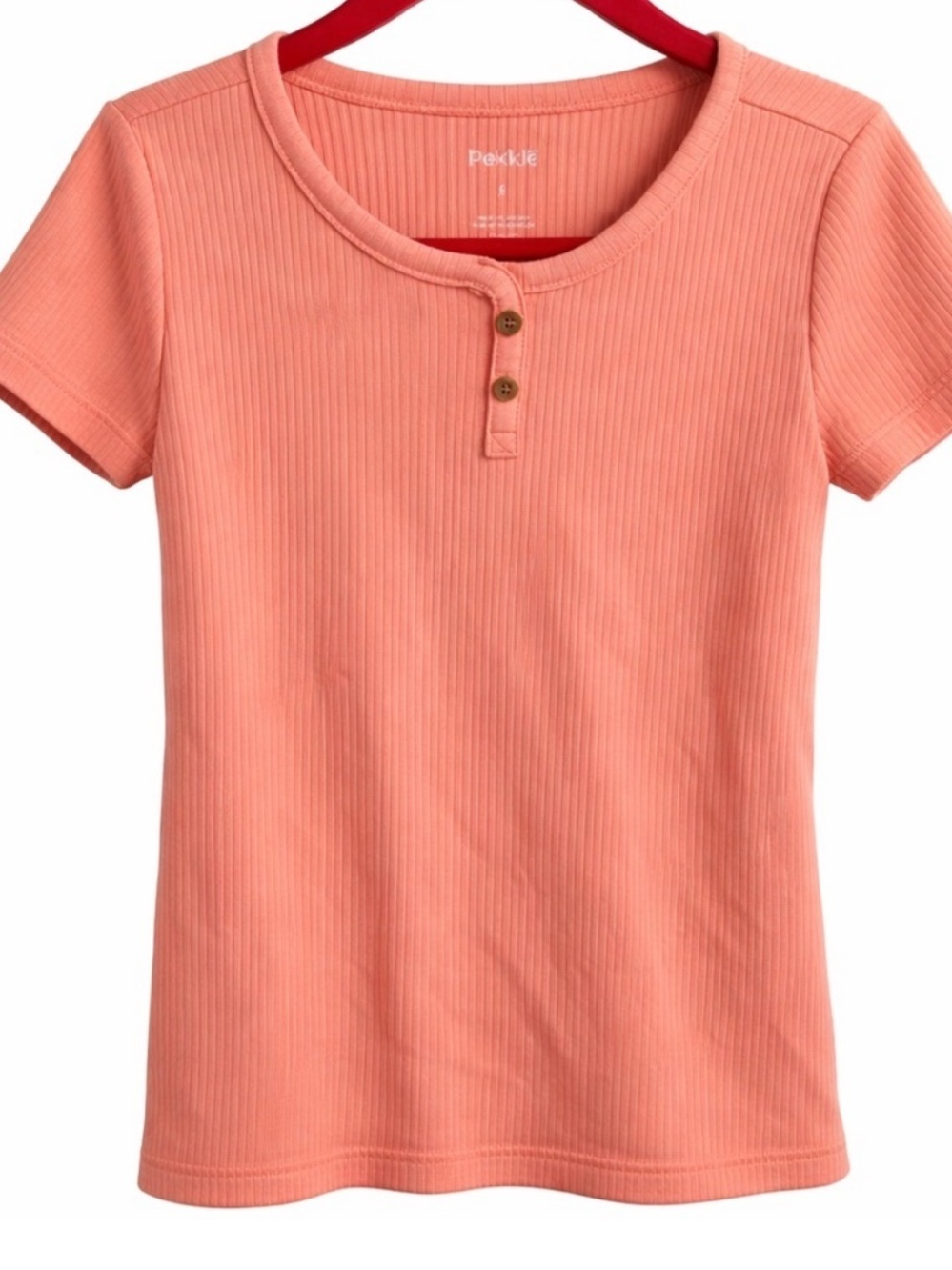 PEKKLE Girls Coral Pink Button Tee - Size 6